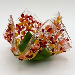 Fused Art Glass Confetti Multicolored Ruffled Handkerchief Votive Holder 3.5”x5”